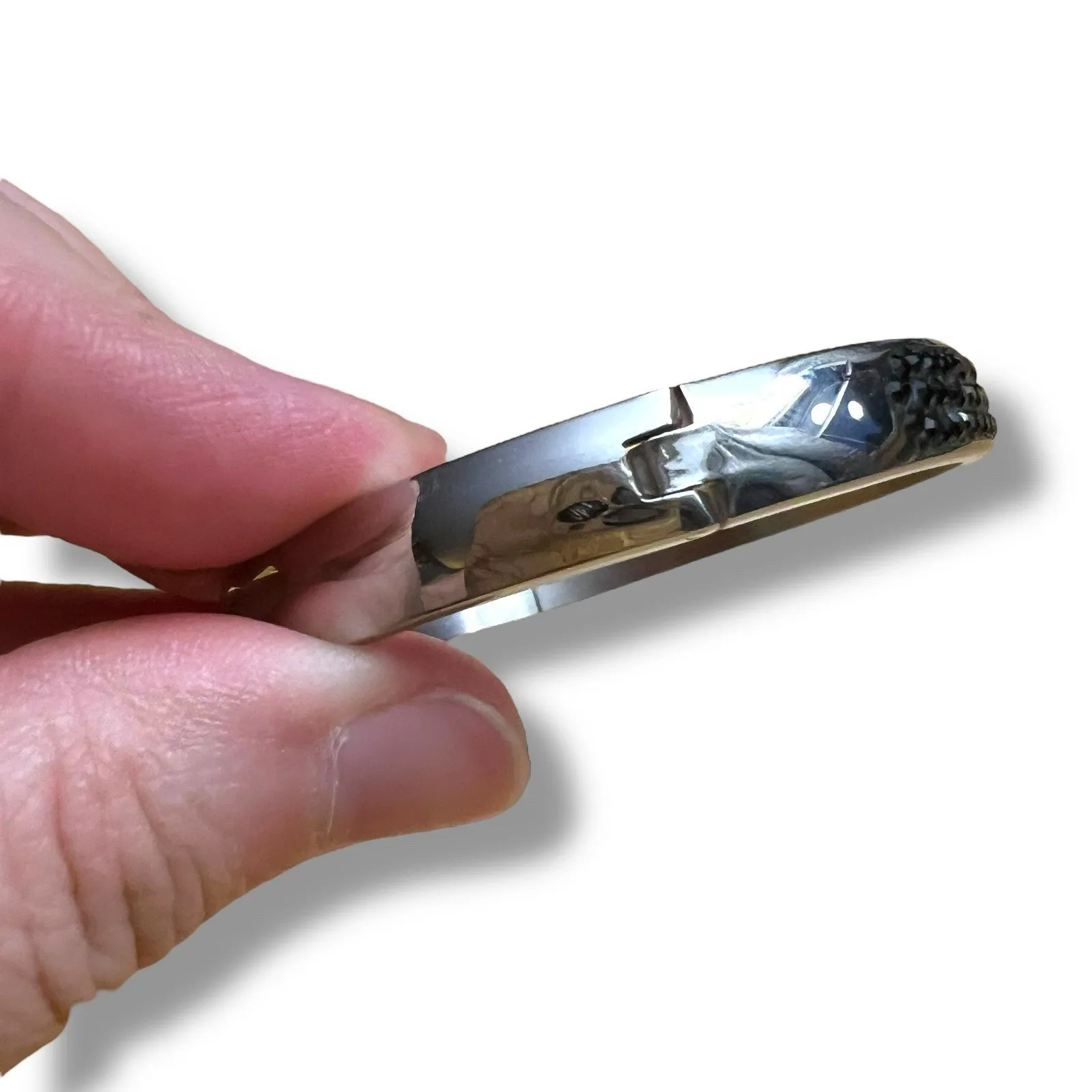 Vintage JCM Silver Stainless Steel Bangle Bracelet with Black Crystal Accents - Image 6