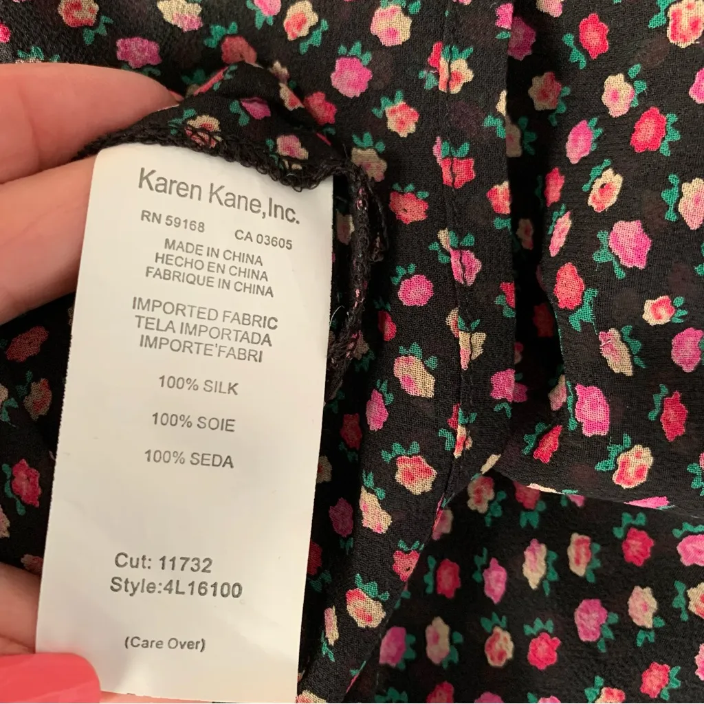 Karen Kane black pink silk floral sheer peasant tunic blouse with bell sleeves S - Image 11