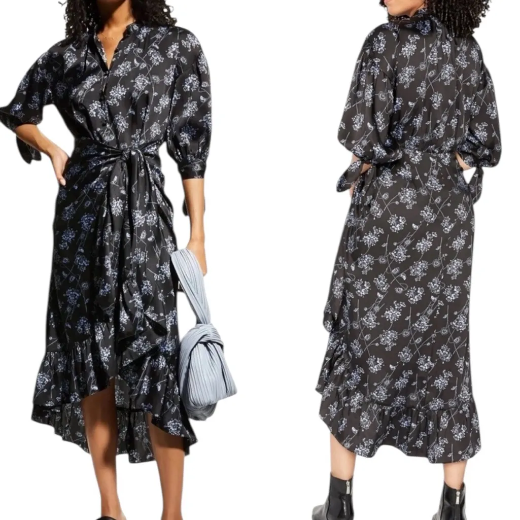 Cinq a Sept Halette Wrap Midi Dress Black & Blue Floral Print Size 4 - Image 16