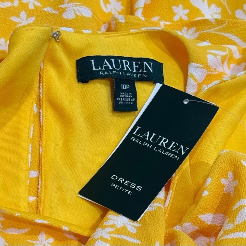 NEW Lauren Ralph Lauren Yellow and White Floral Crepe Shift Dress Size 10P - Image 9