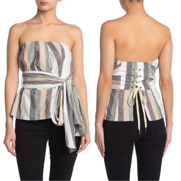 Anthropologie Current Air Strapless Lace Up Wrap Around Linen Stripe Top | XS - Image 2