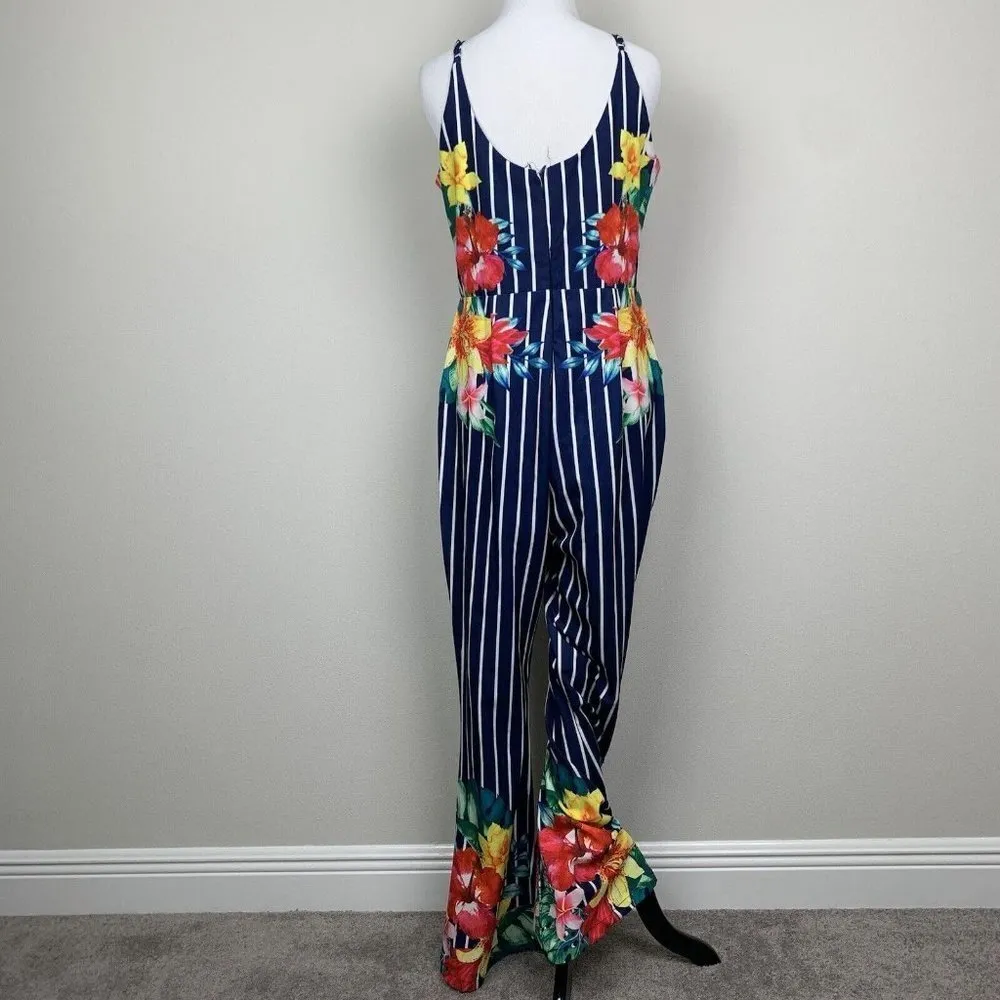 Chicways Floral and Striped Jumpsuit Size Large Hibiscus Flower Vneck blue - Image 9