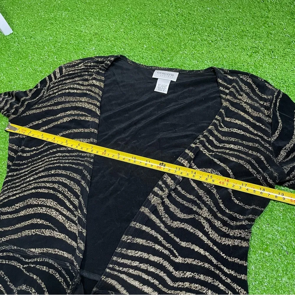 Vintage Chico's Travelers Black/Gold Wave Patterned Cardigan Shimmer Wrap Blouse - Image 6