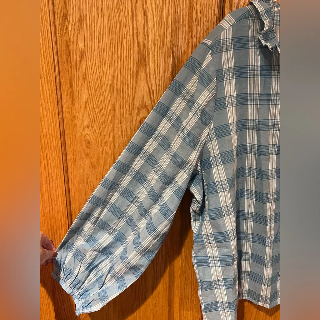 Madewell Ruffle-Neck Colwell Plaid Cotton Top in Ashby Plaid Ocean Wave Size XXL - Image 14