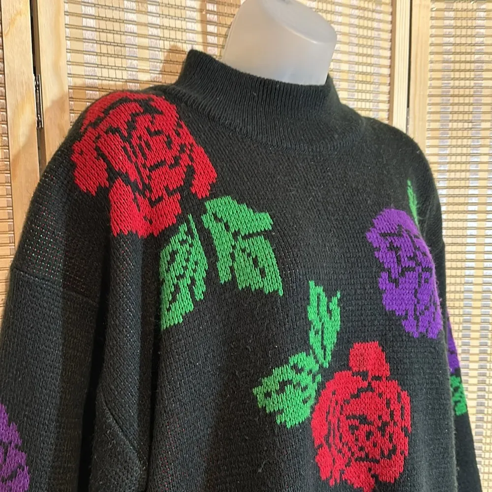 Potomac Collection Vintage 1990s Heavy Black Mock Turtleneck Sweater Roses XL - Image 4
