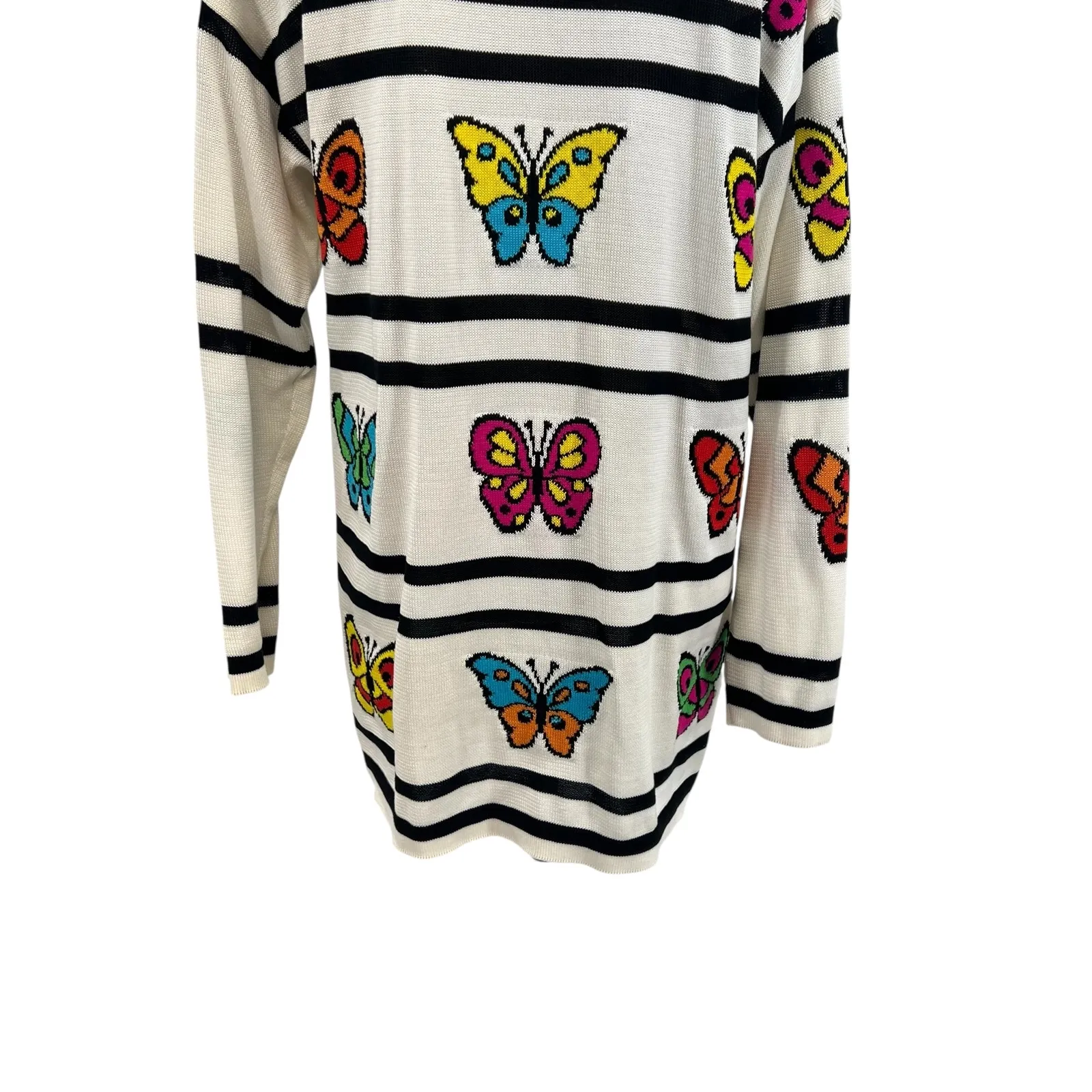 Escada‎ Vintage Sweater Butterfly Stripe Print Cotton Cream Black Size 36 US 6 - Image 9