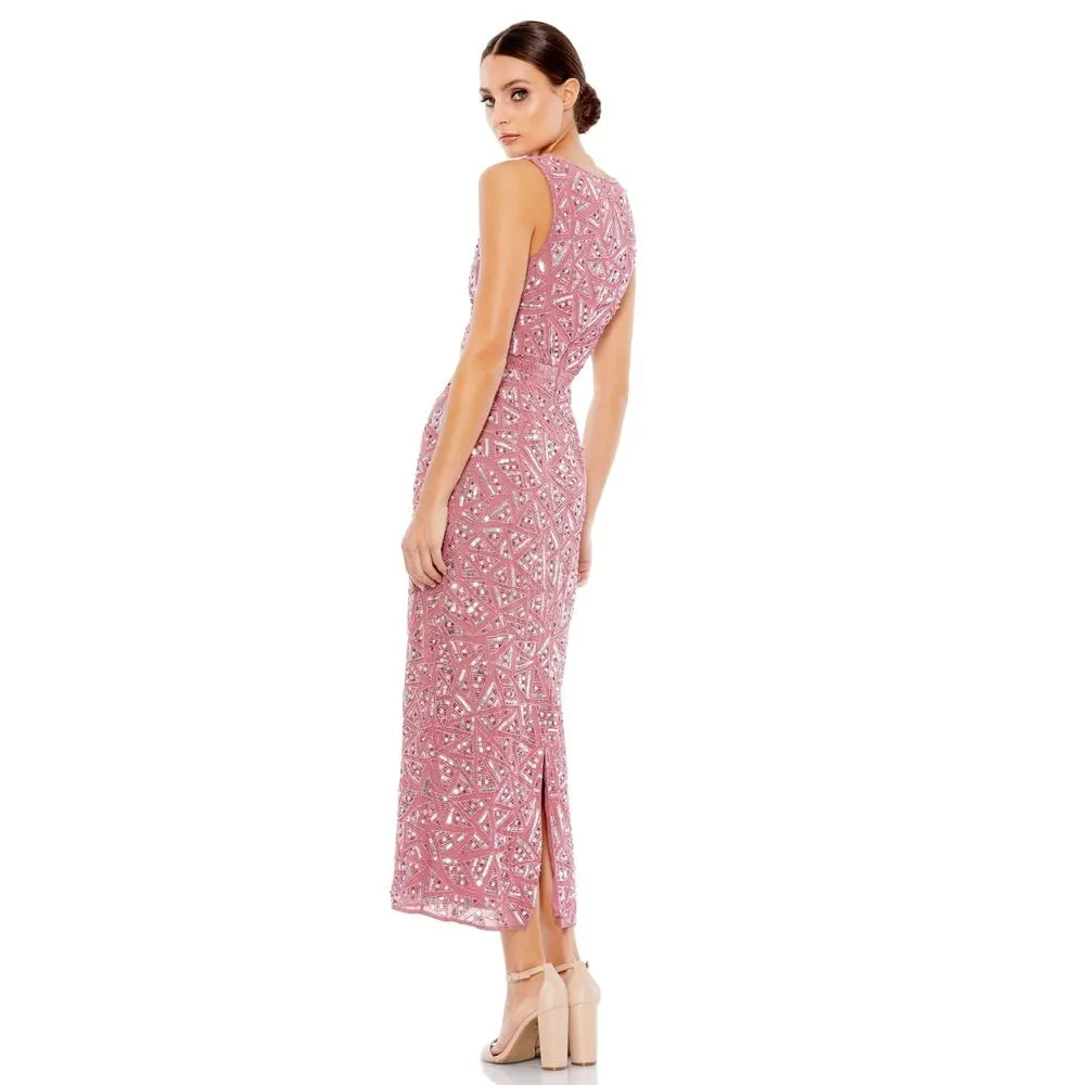 Mac Duggal 93550 Sleeveless Beaded Midi Sheath Gown Pink Sequin 6 NWOT - Image 9