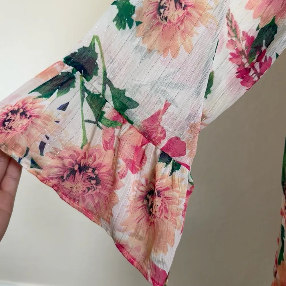 Romantic Floral Peplum Flowy Blouse 3/4 Sleeves Medium Pink Green Feminine Top - Image 5