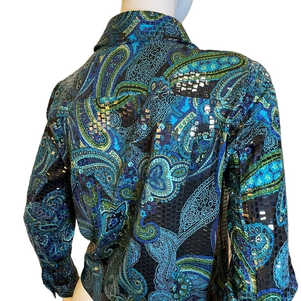 Vintage 90s Metallic Paisley Long Sleeve Button Down Top Blue Size undefined - Image 6