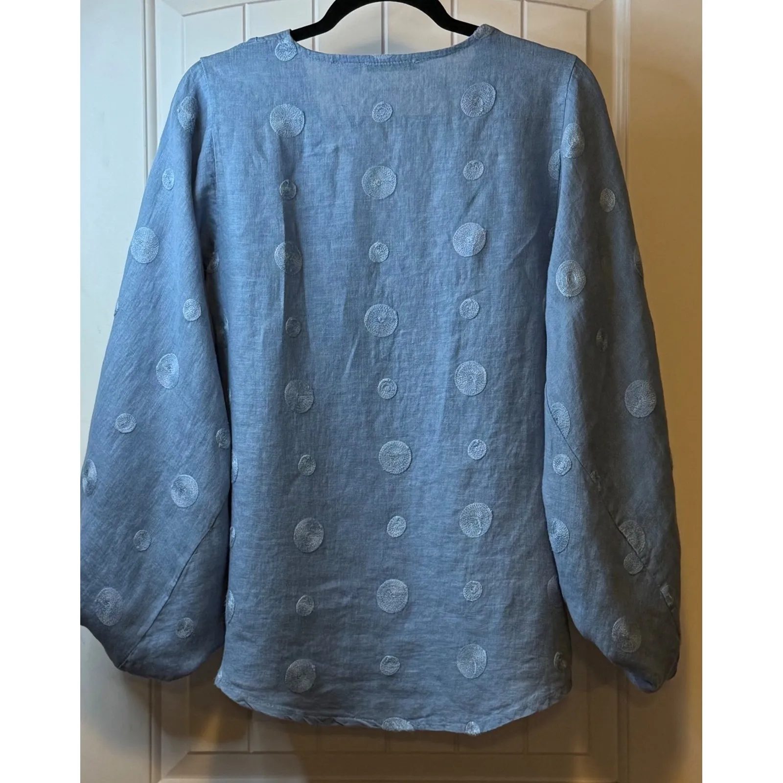 Camille & Co Blouse Blue 100% Linen Bubble Sleeve Embroidered V Neck Sz L #‎ Size L - Image 3