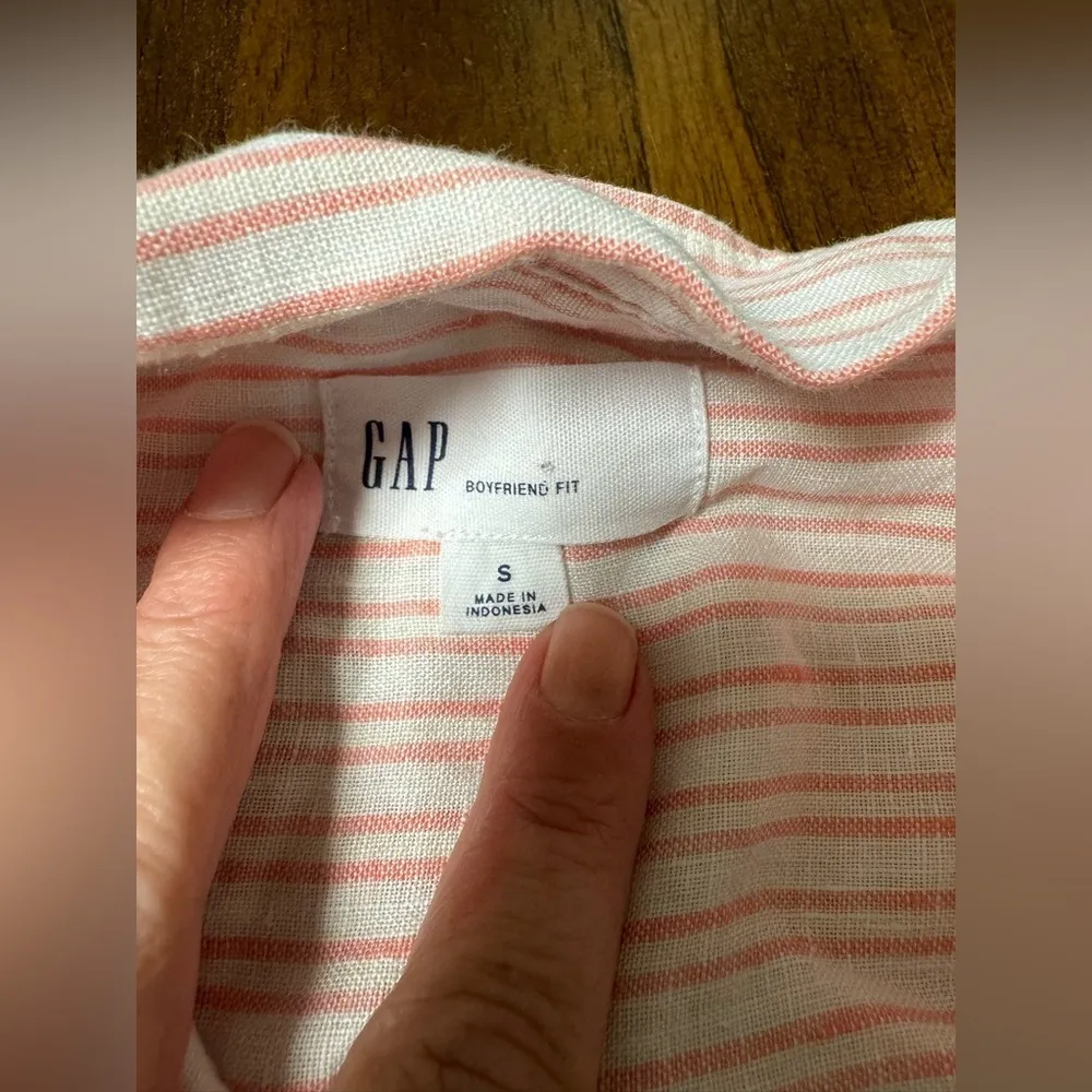 GAP Linen Boyfriend Fit Long Sleeve Button Up Shirt White Orange Stripe Size Sm - Image 8
