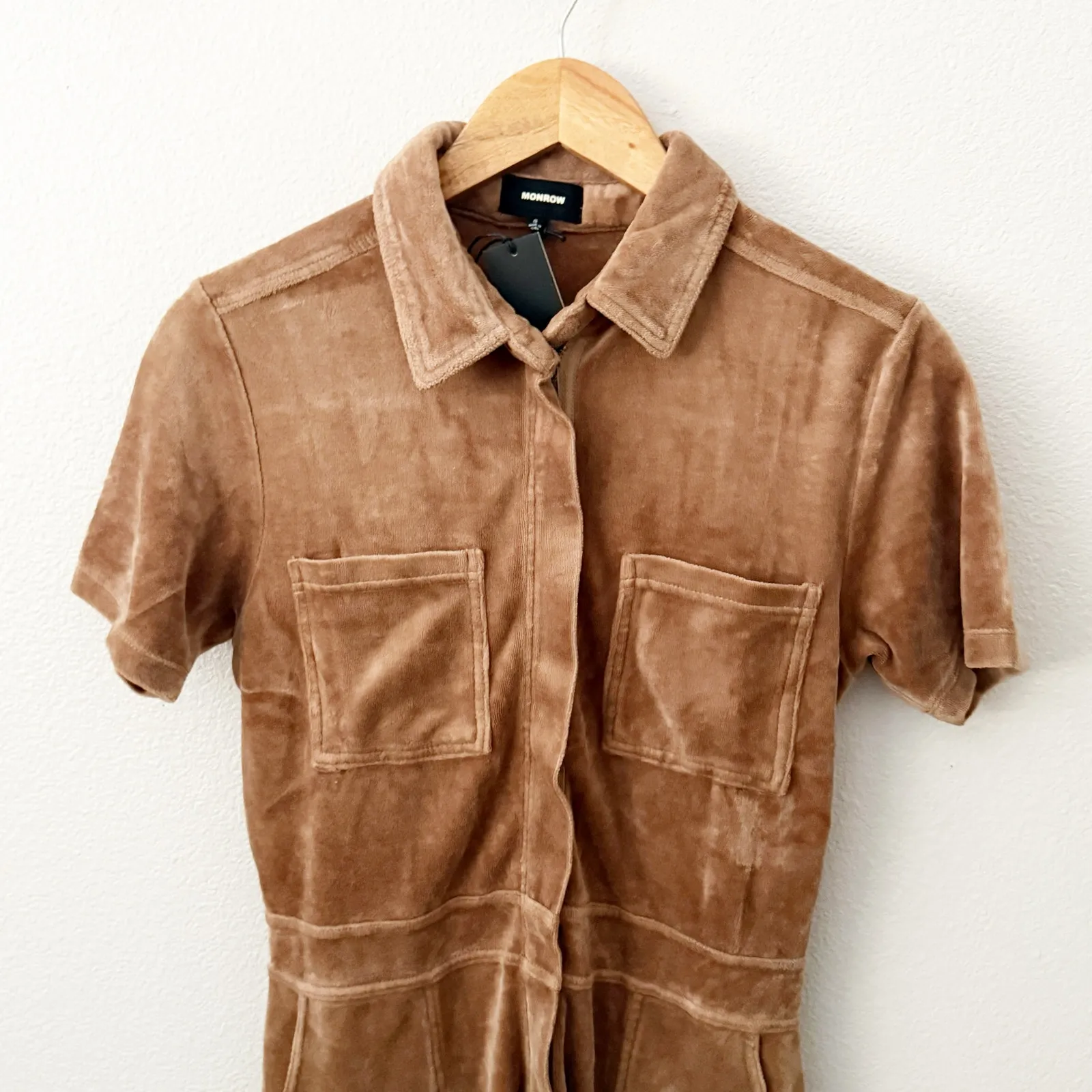 MONROW | Terrycloth Velour Romper Chocolate Brown Collar Short Zipper | Small - Image 5