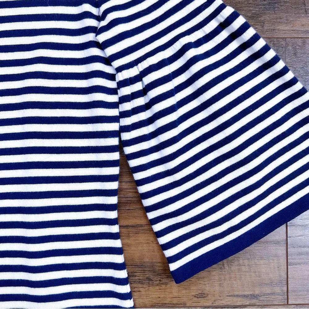 Sail to Sable • Striped Bell Sleeve Dress sweater knit mini navy blue white - Image 5