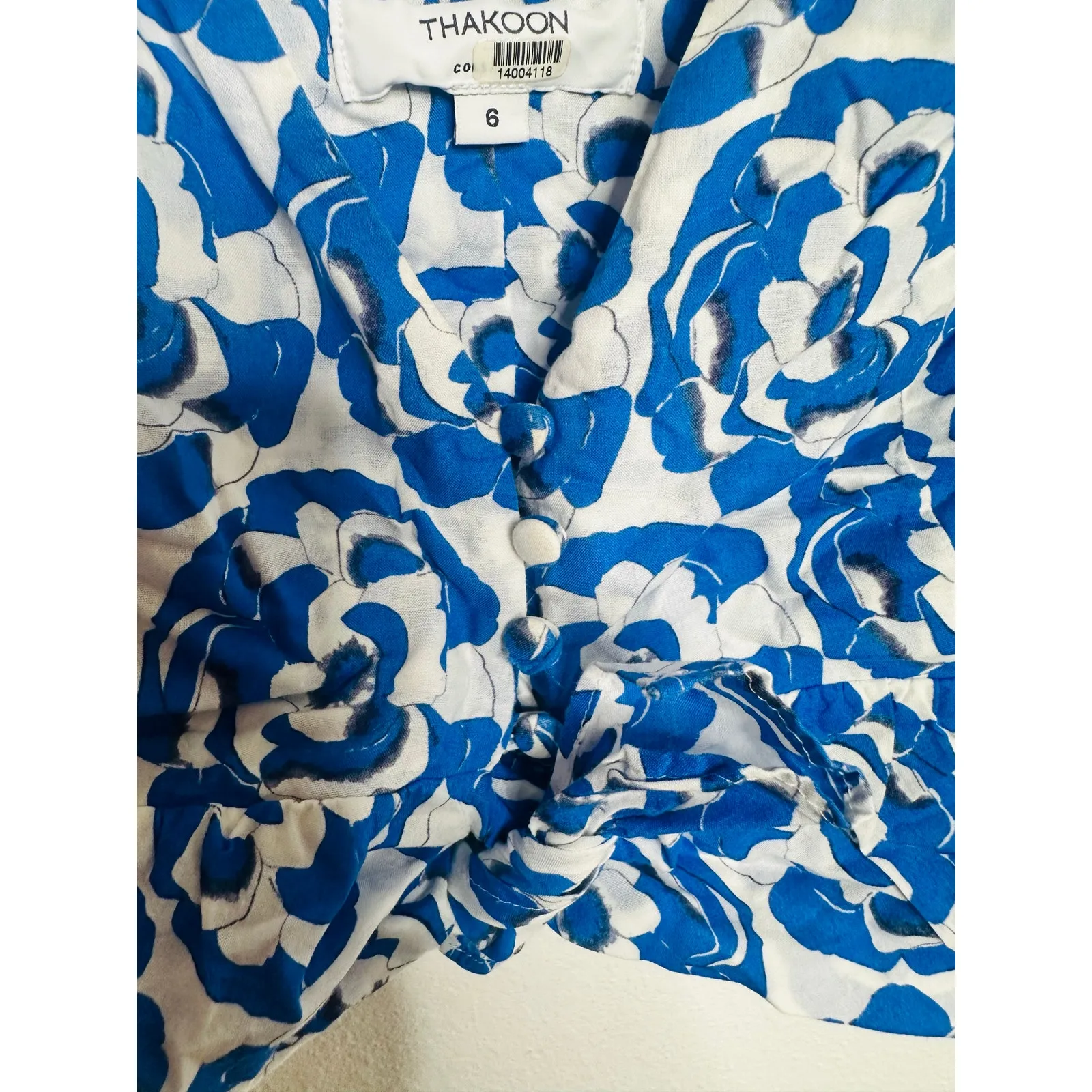 THAKOON Blue White Floral Rose Pop Print 100% Cotton Ruffle Crop Top size 6 - Image 7