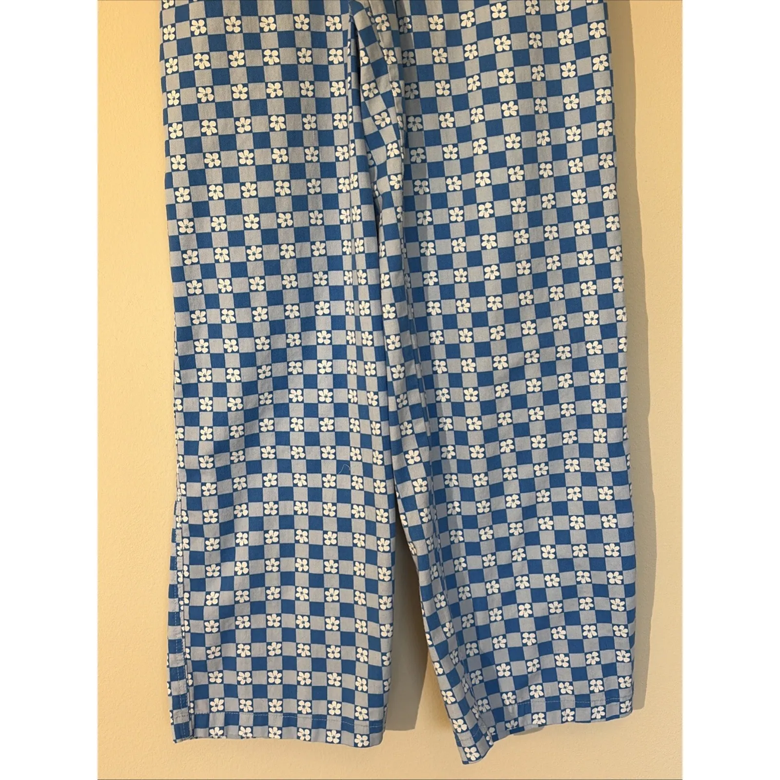 Wild Fable Blue Tropical Floral Checkerboard Boho Wide Leg Cotton Pants Women XS - Image 3