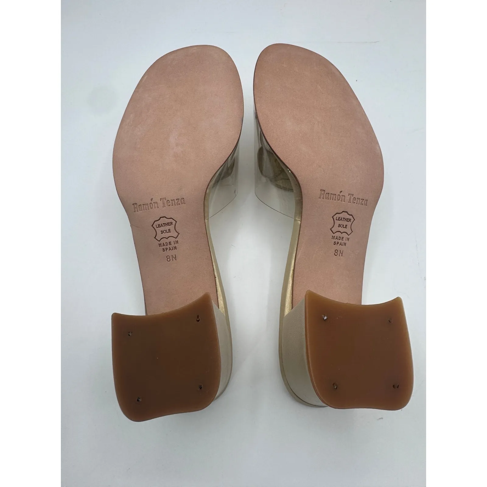 Vintage Ramon Tenza Gold‎ Leather Floral Slide Sandals Clear Strap 8N Spain Rare Gold Size 8 - Image 7