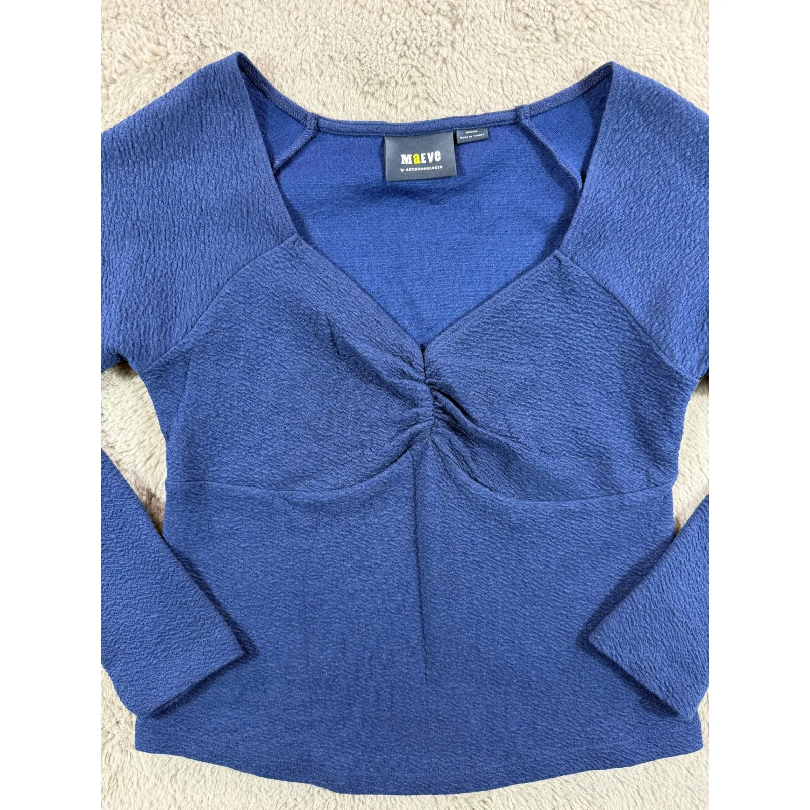 Maeve by Anthropologie Ruched Sweetheart Textured Top Navy Blue Size M Babydoll - Image 4