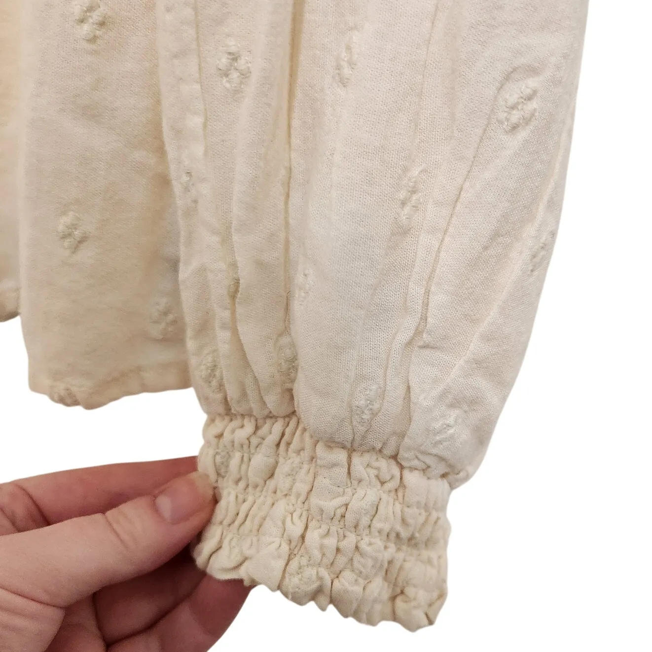 Old Navy Cream Embroidered Button Front Long Sleeve Clip Dot Peasant Blouse M - Image 6