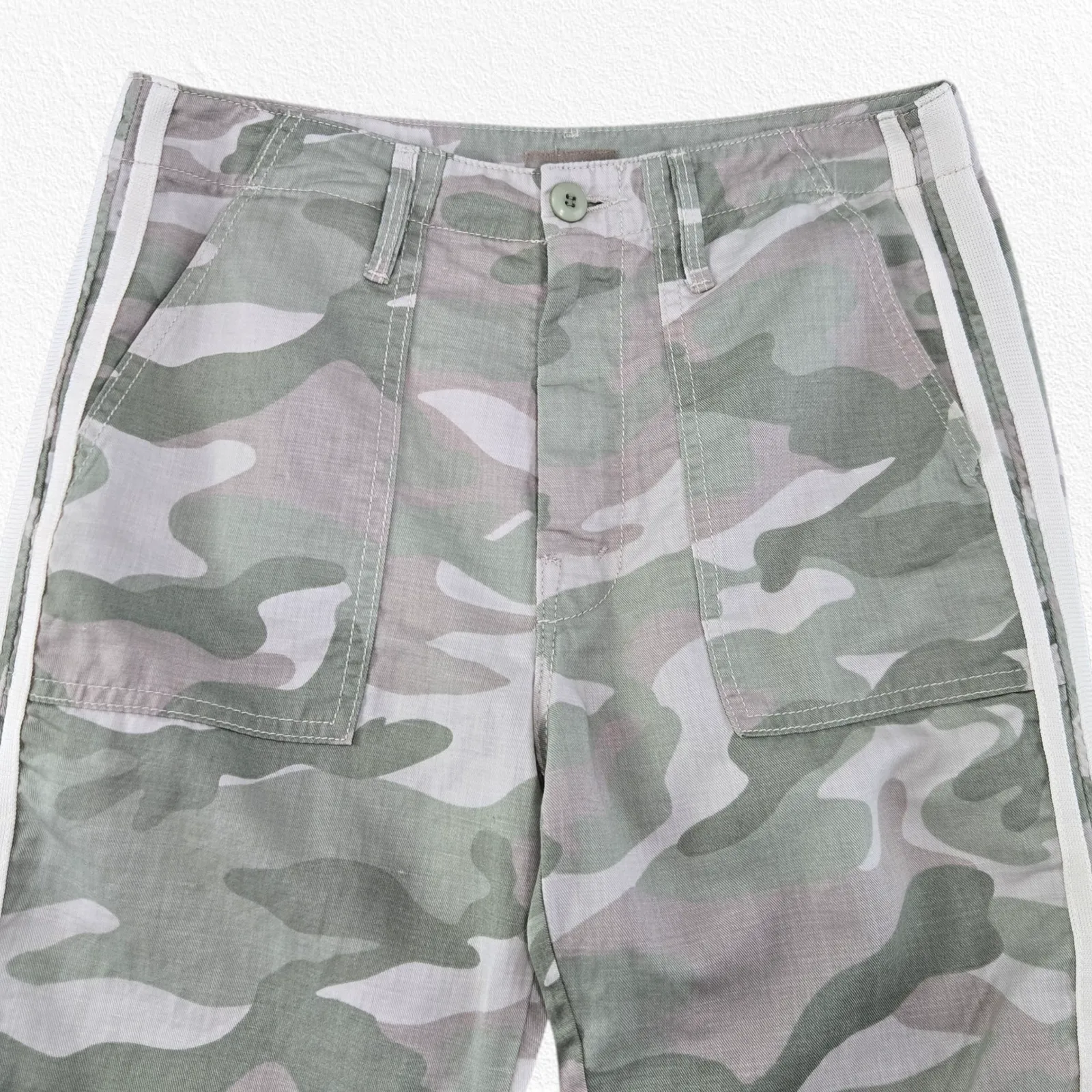 Mother Shaker Chop Crop Fray Pants Green Camo Print Linen Blend Pants Size 27 - Image 3
