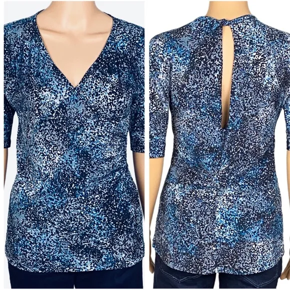 BCBGMAXAZRIA surplice neckline jersey blouse with deep keyhole back. Medium. EUC - Image 2