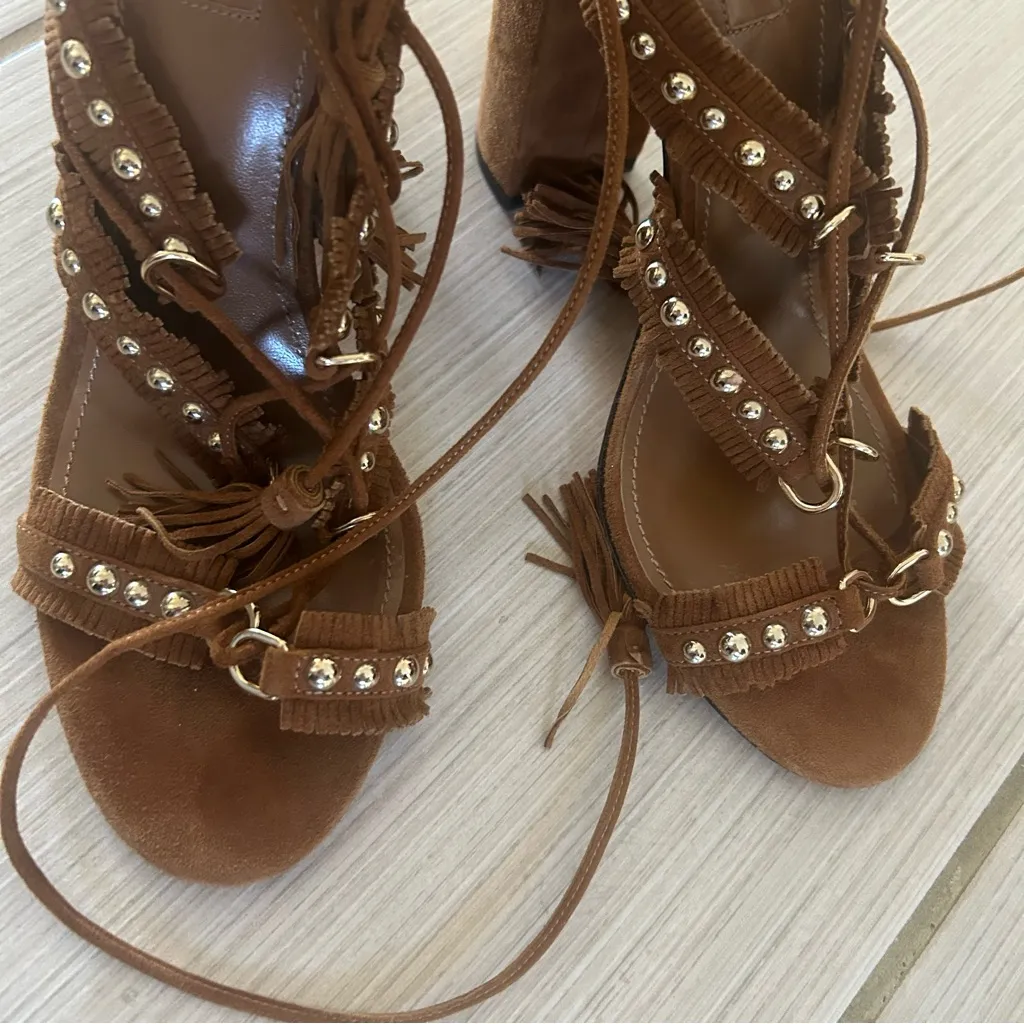 Aquazzura Studded Tan Fringe Wrap Lace Suede Heels Size 38.5 - Image 3