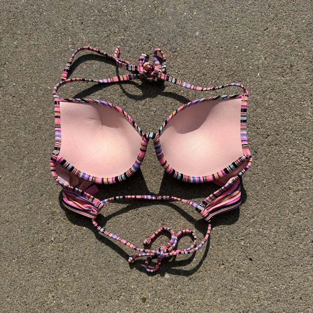 Victoria’s Secret 32C The Fabulous pink striped bikini top halter tie back tie - Image 2