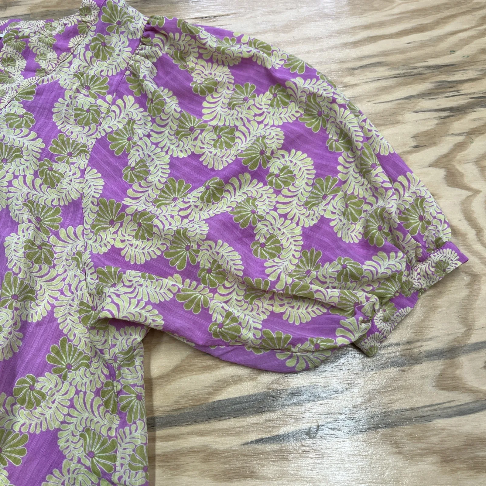 Rose and Olive Floral Chiffon Puff Sleeve Blouse Top Size Large Colorful Artsy Pink - Image 7