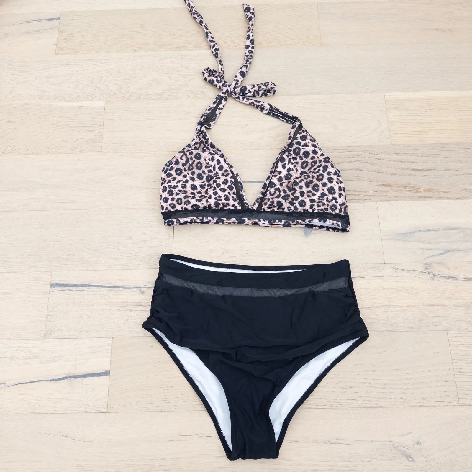 Womens Bikini Set Size XL Black Leopard Print Halter High Waist Swim Retro Beach - Image 2