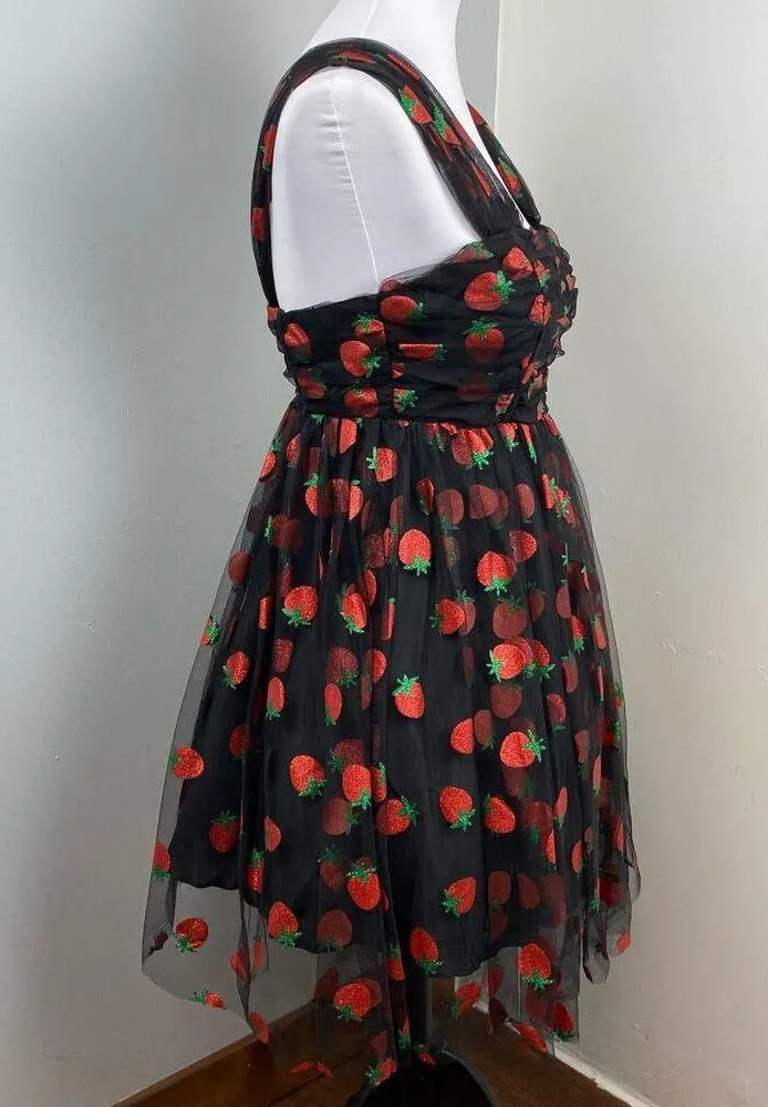 Unique Vintage Black & Glitter Strawberry Heart & Soul Babydoll Dress Small - Image 6