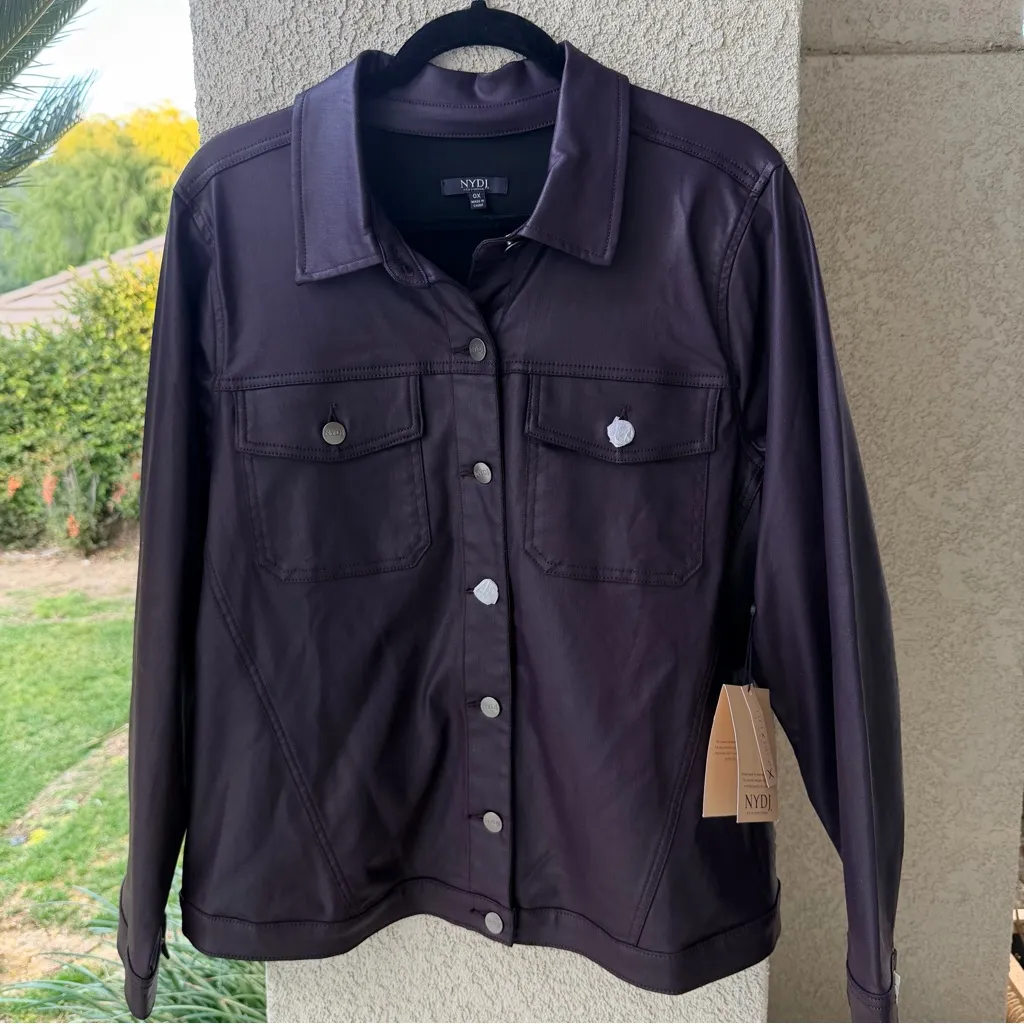NWT🍆 NYDJ Purple Eggplant Coated Stretch Denim Jean Jacket Faux Leather, Size 0X - Image 2