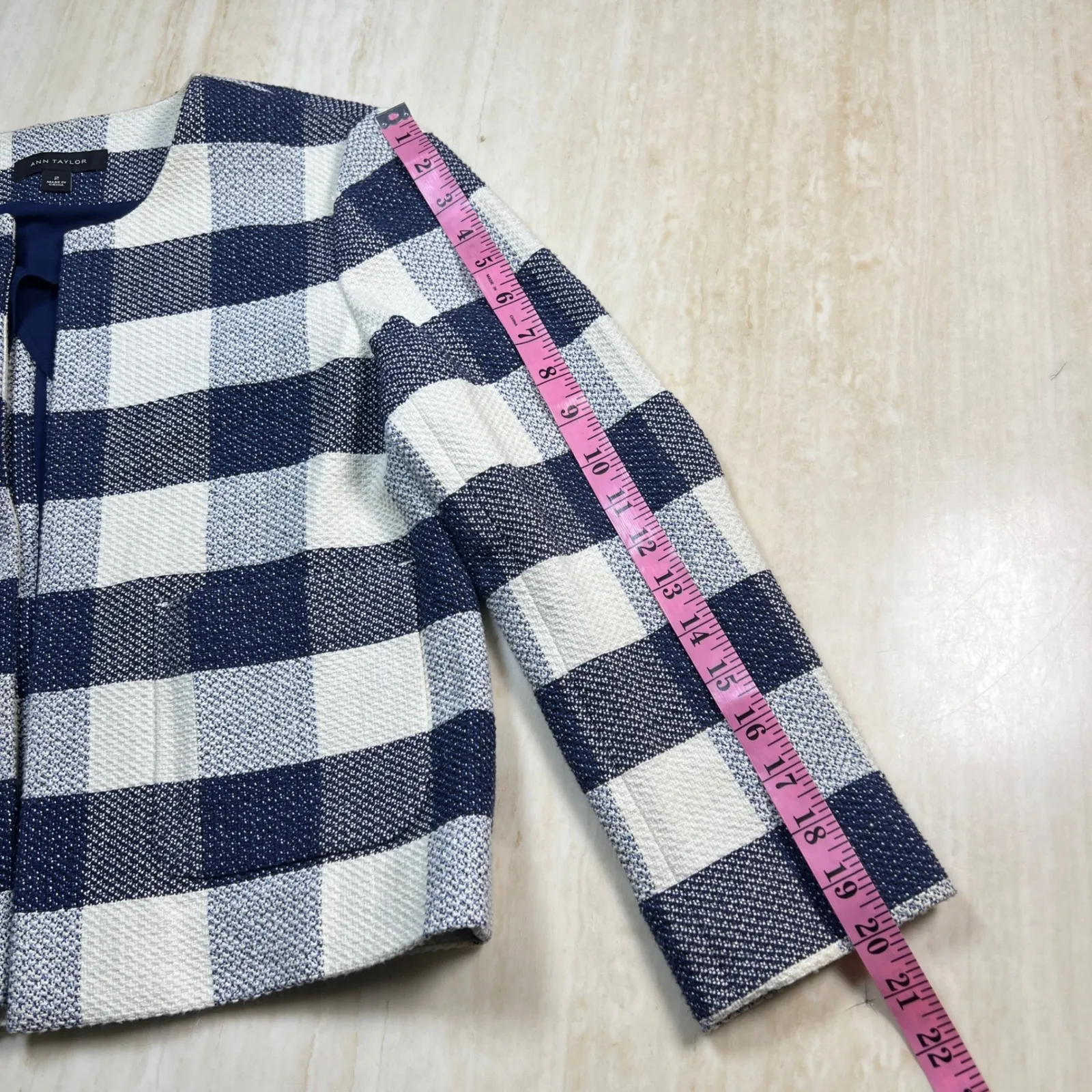 Ann Taylor Plaid Jacket & Skirt Set Size 2 Blue White Textured Button Blazer - Image 12