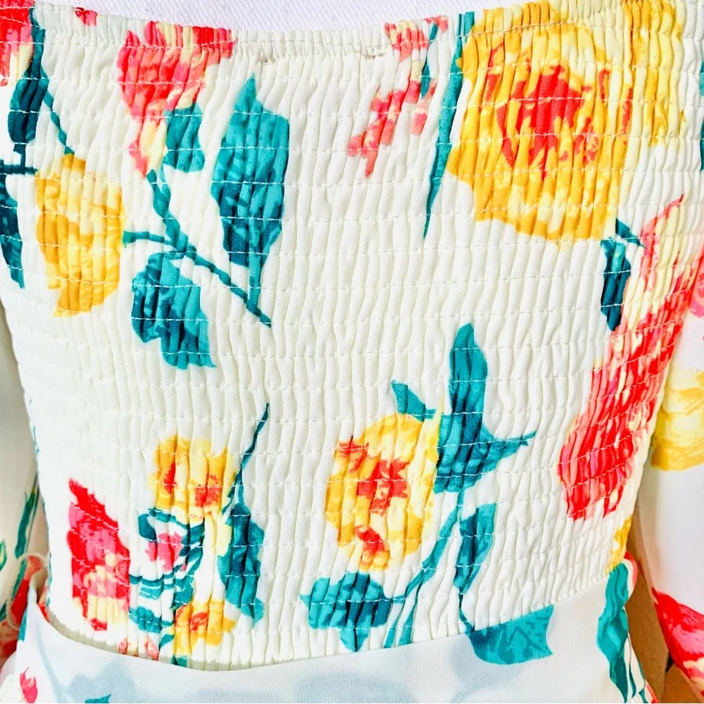LoveColette CreamYellow Orange Red Green Floral Long Sleeve Smocked Maxi Dress. - Image 4