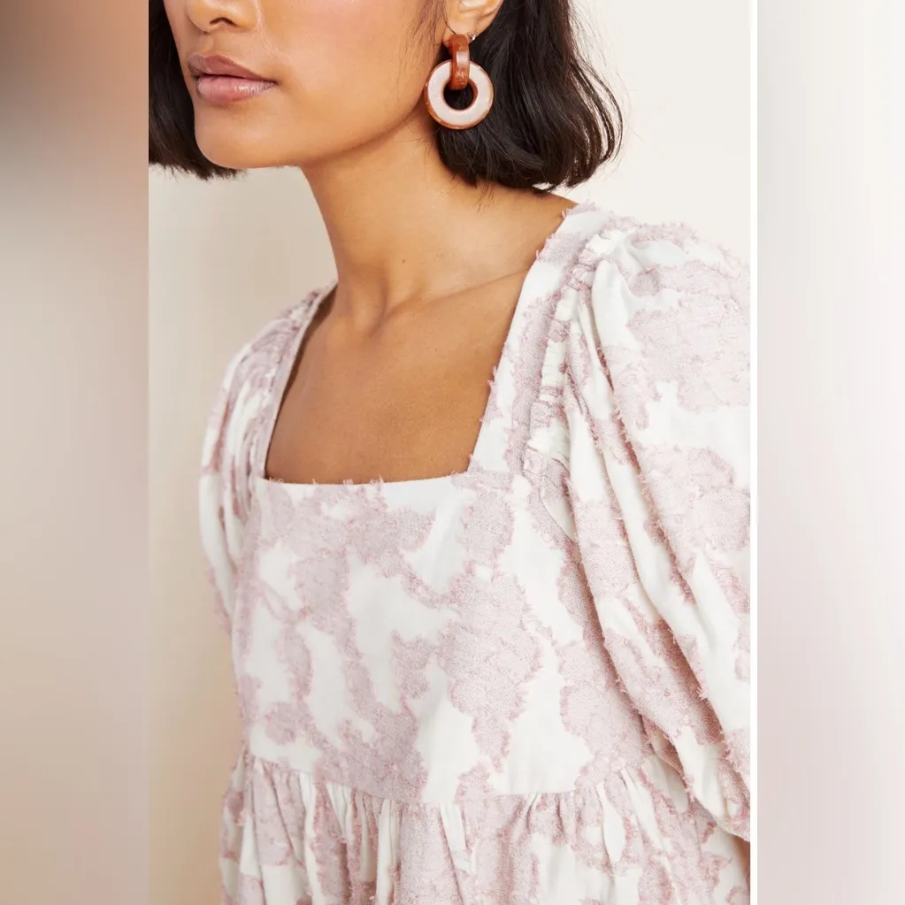 Maeve Anthropologie Floral Textured Babydoll Top Pink Cream Size XL - Image 4