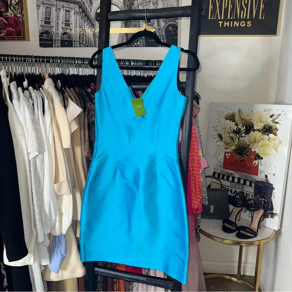 Kate Spade New York Blue Evie Aqua Silk Bow Front Sheath Dress Womens 4 New NWT - Image 9