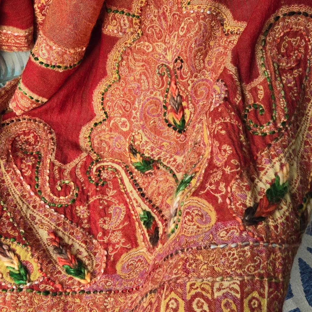 Shawl wool floral embroidered kalahari shawl scarf 68” x 26” Red - Image 6