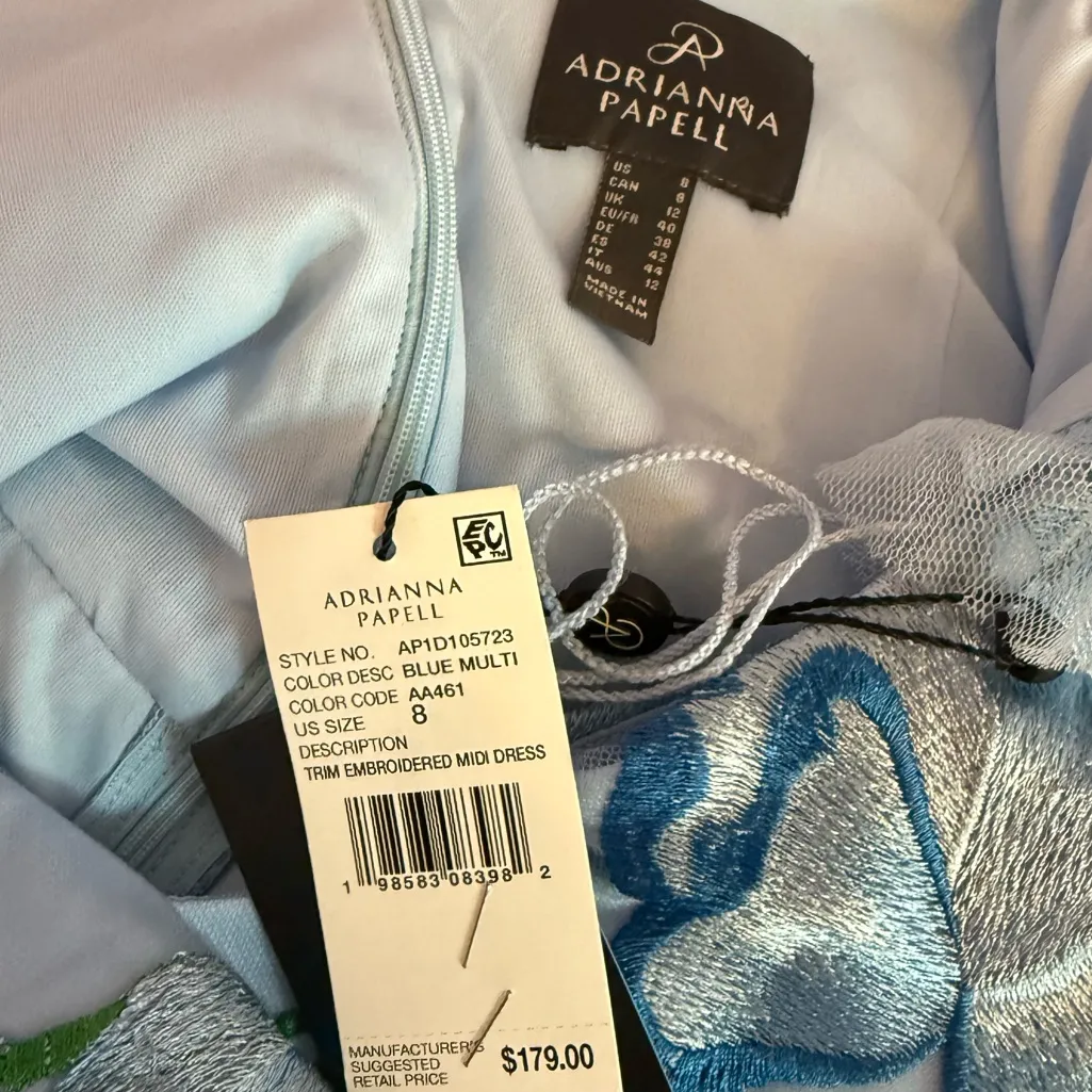 Adrianna Papell Women's Flutter-Sleeve Embroidered Dress Blue Multi Sz 8 - Image 7