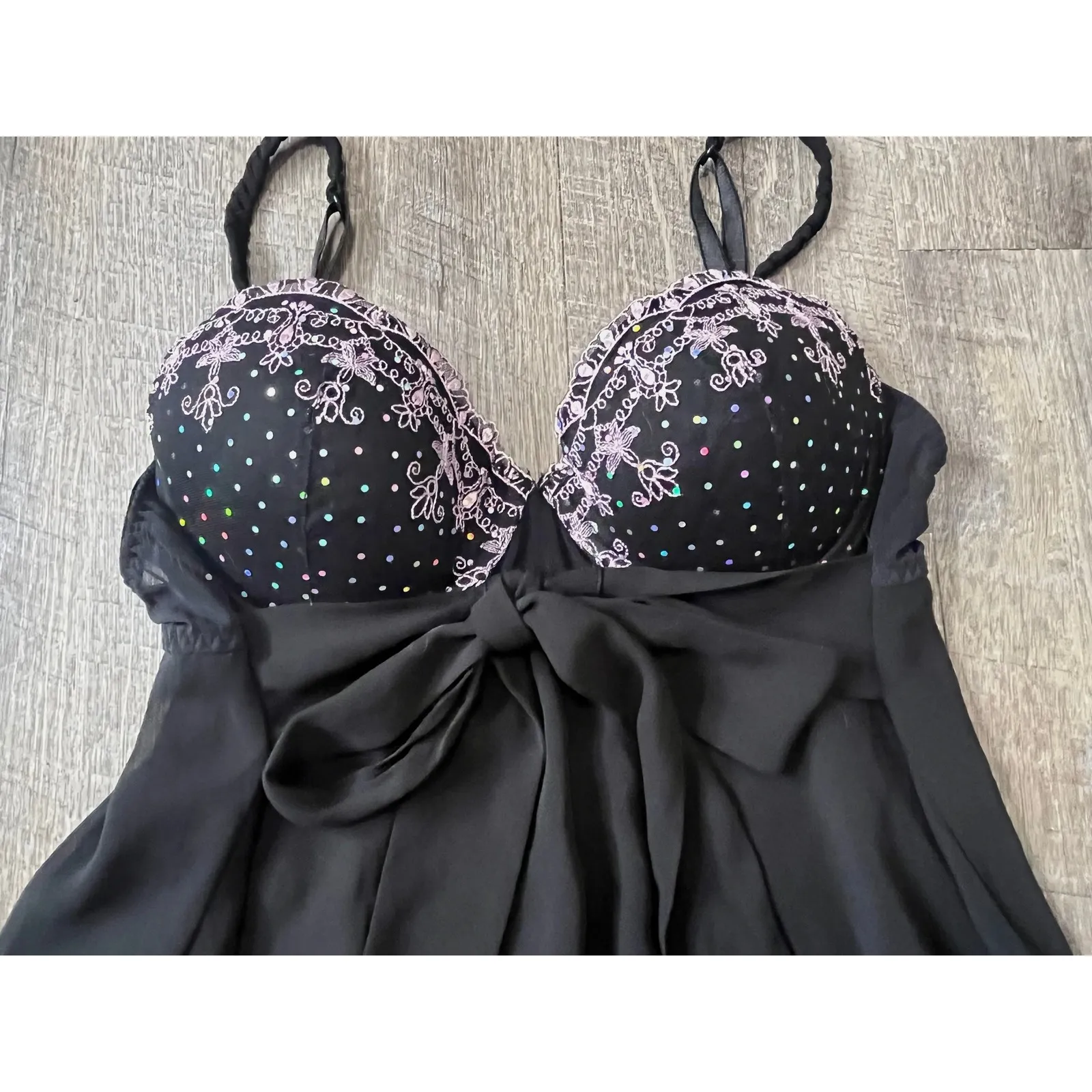 Babydoll‎ Lingerie Black Polka Dot Bow Accent Nightie Sleepwear Size L - Image 2