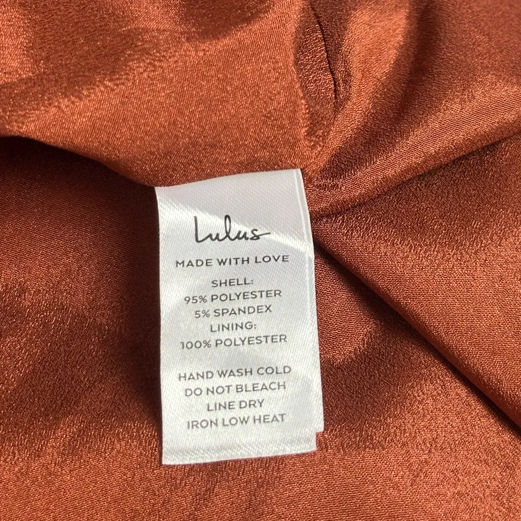 Lulus Exuberant Luxury Rust Classic Satin Ruffled Lace-Up Maxi Dress Size L NWT - Image 10