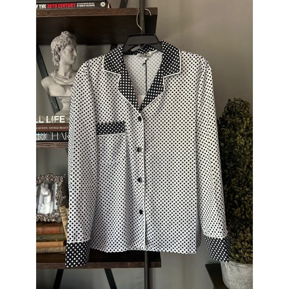 AMUR Gianna Polka Dot Button Down Shirt White Black Combo Womens Size XS - Image 3