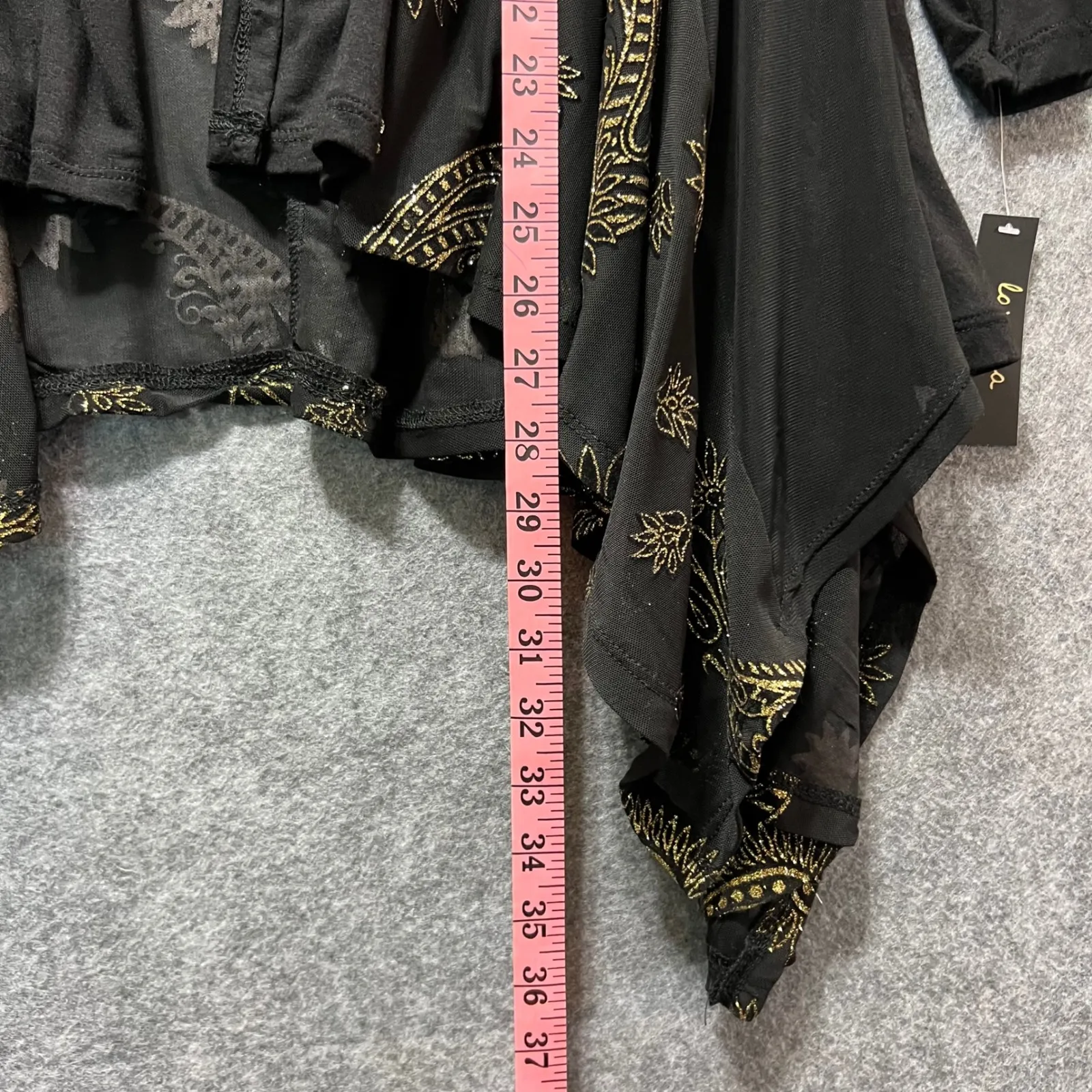 Lavanya Black Gold Paisley Print Mesh Overlay Drape Cardigan M Open Front Boho Size M - Image 4