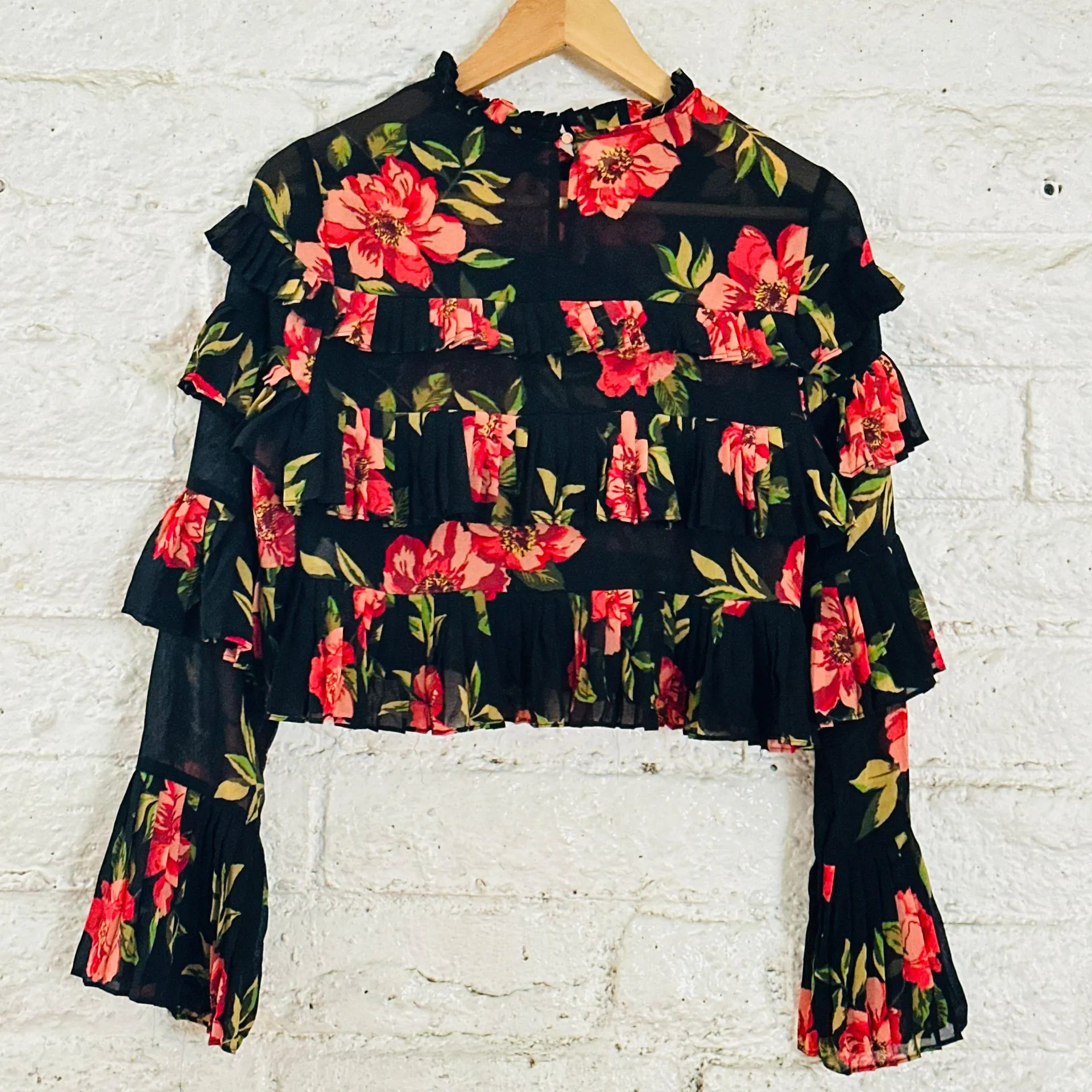 Black Floral Print Ruffle Blouse Size S - Image 5