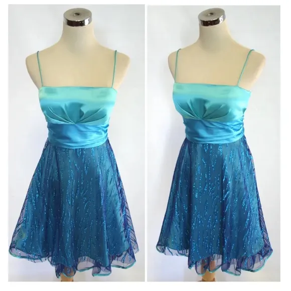 Aqua spaghetti strap dress sparkly never worn - Image 2