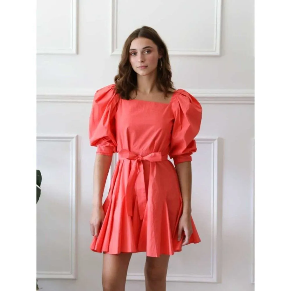NWT MILLE Resortwear Anais Puff Sleeve Tie Waist Minidress in Melon‎ Pink Medium - Image 2