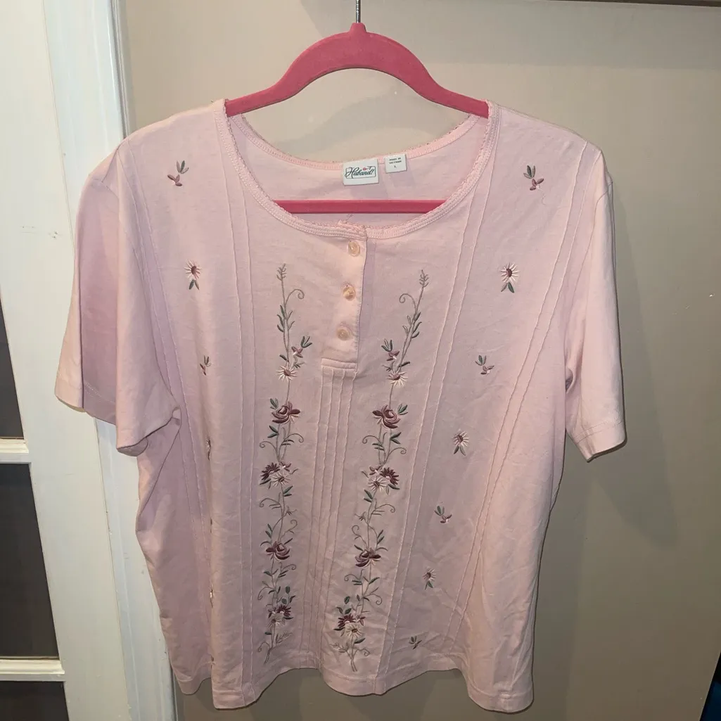 Haband Light Pink Floral Embroidered Blouse Tshirt top shot vintage woman’s L Size L - Image 2
