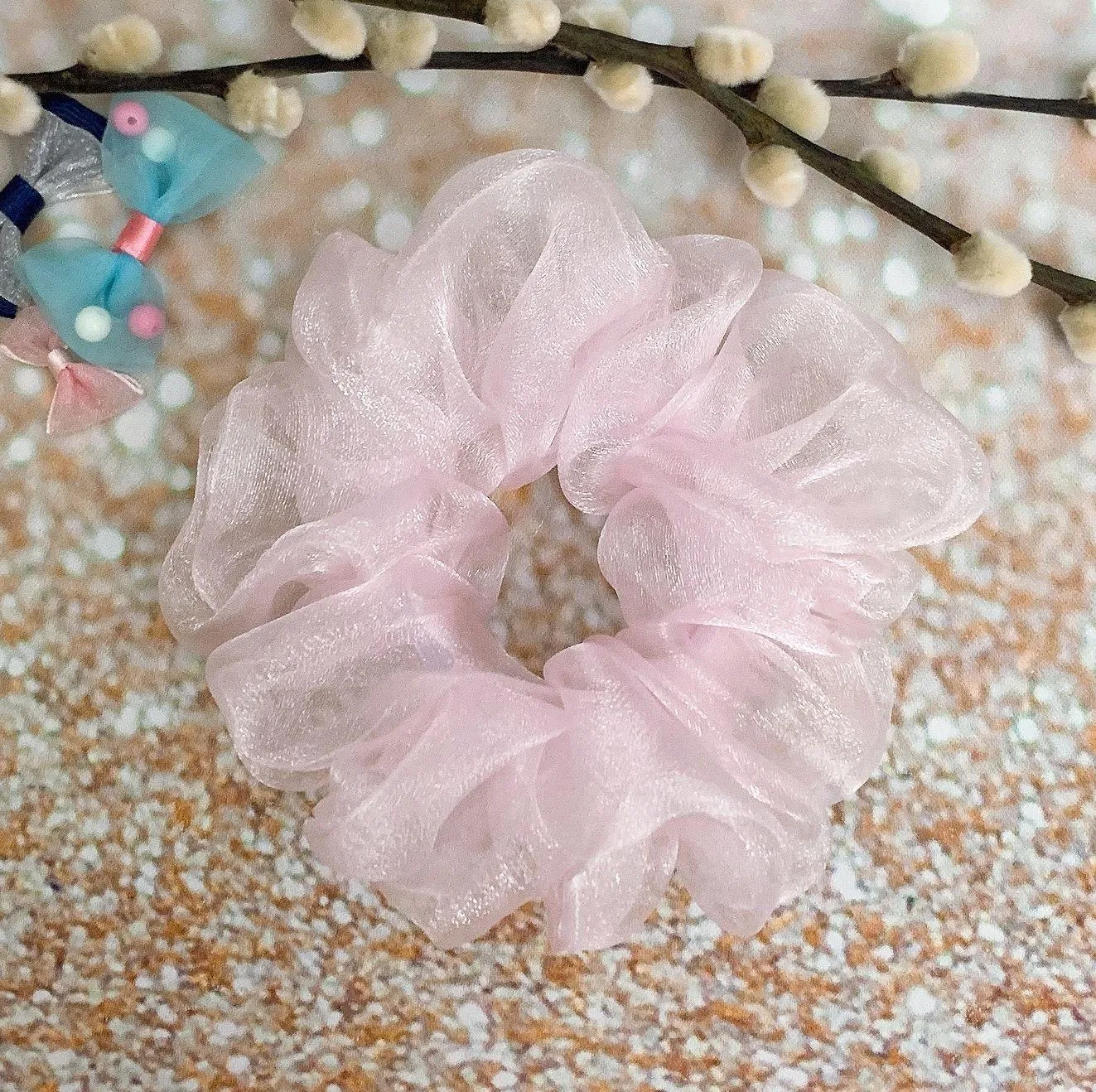 Soft Pink Crystal Organza Hair Scrunchie Hair Accessories - Image 2