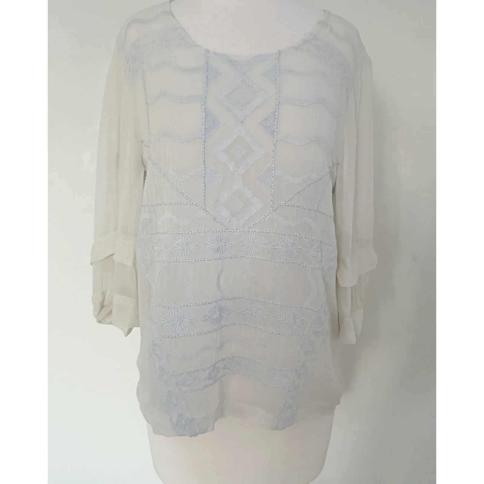 Lucky Brand Vintage Off White Embroidered Ethereal Boho Mesh Layered Top Sz S - Image 2