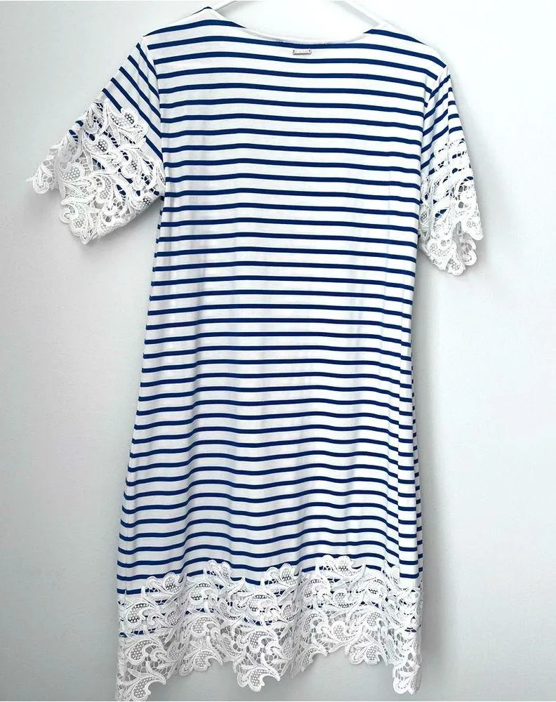 Tommy Hilfiger Blue and White Striped Dress with Lace Design Size Medium - Image 4