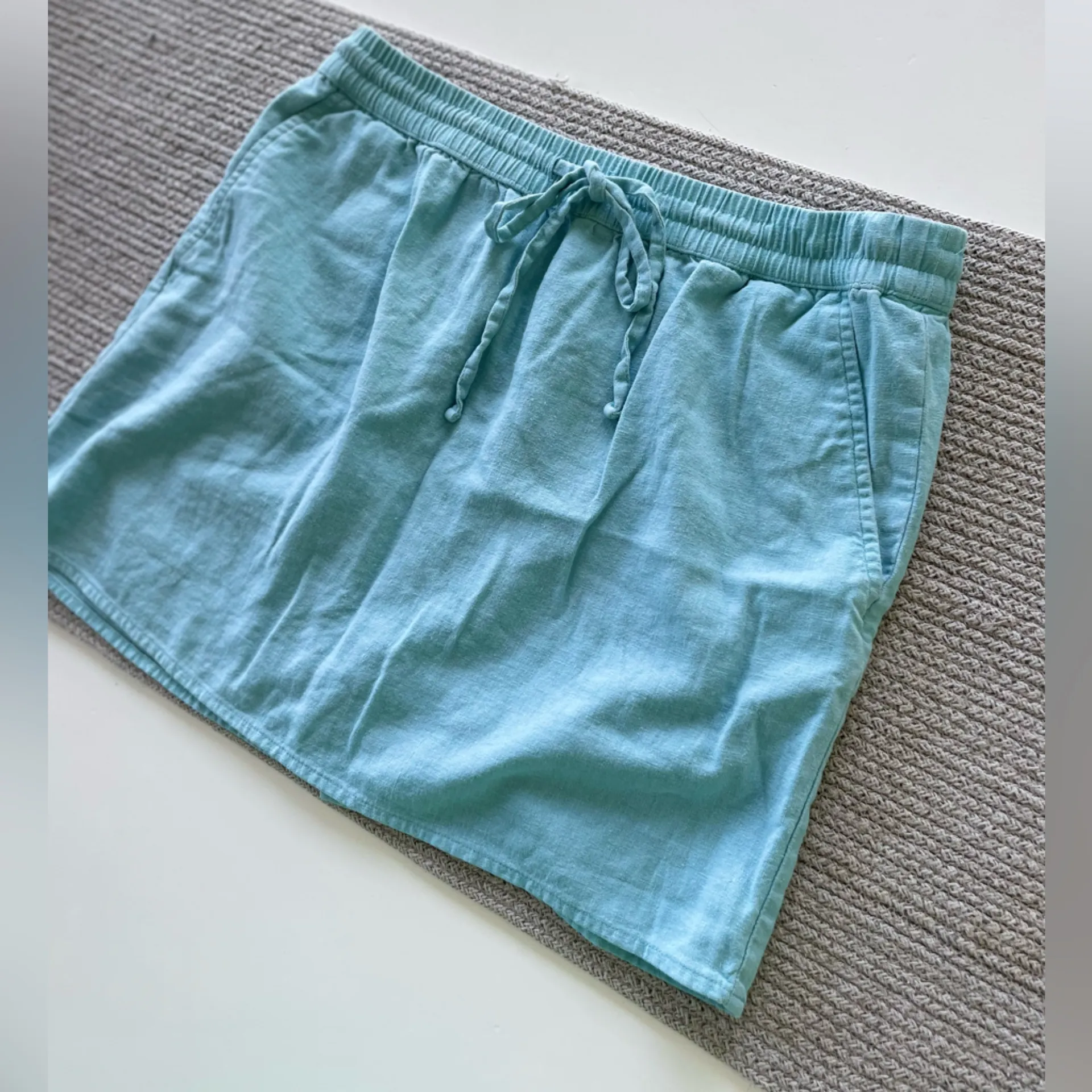 Vintage Forever 21 Light Baby Blue Linen Drawstring Waist Mini Skirt Medium - Image 9