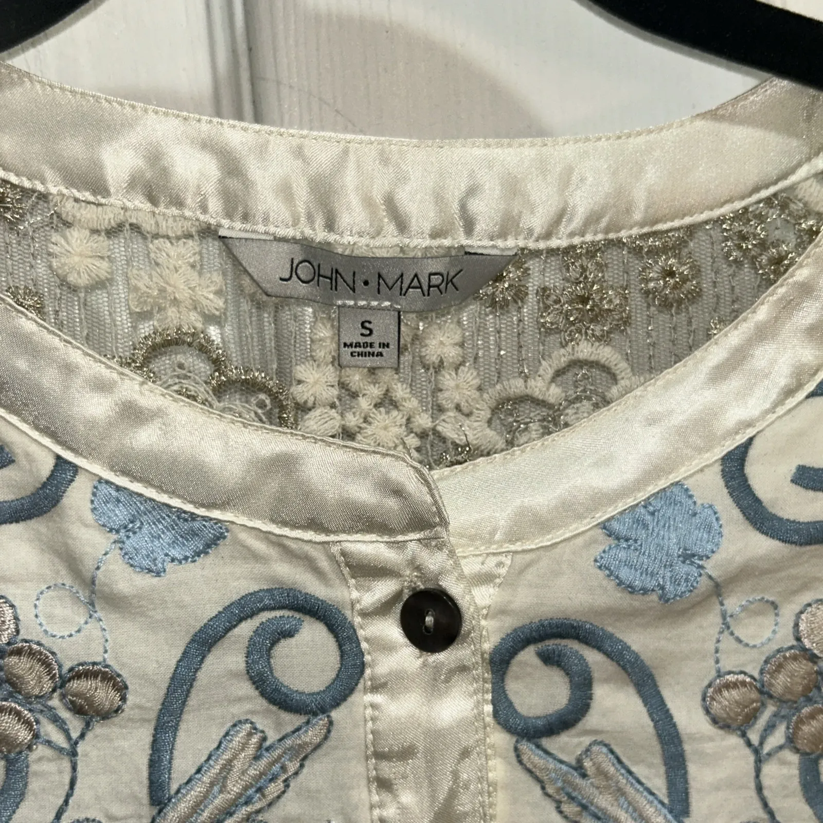 JOHN‎ MARK SMALL WHITE BLUE FLORAL EMBROIDERED BOHO COTTAGECORE LACE LONG SLEEVE - Image 2