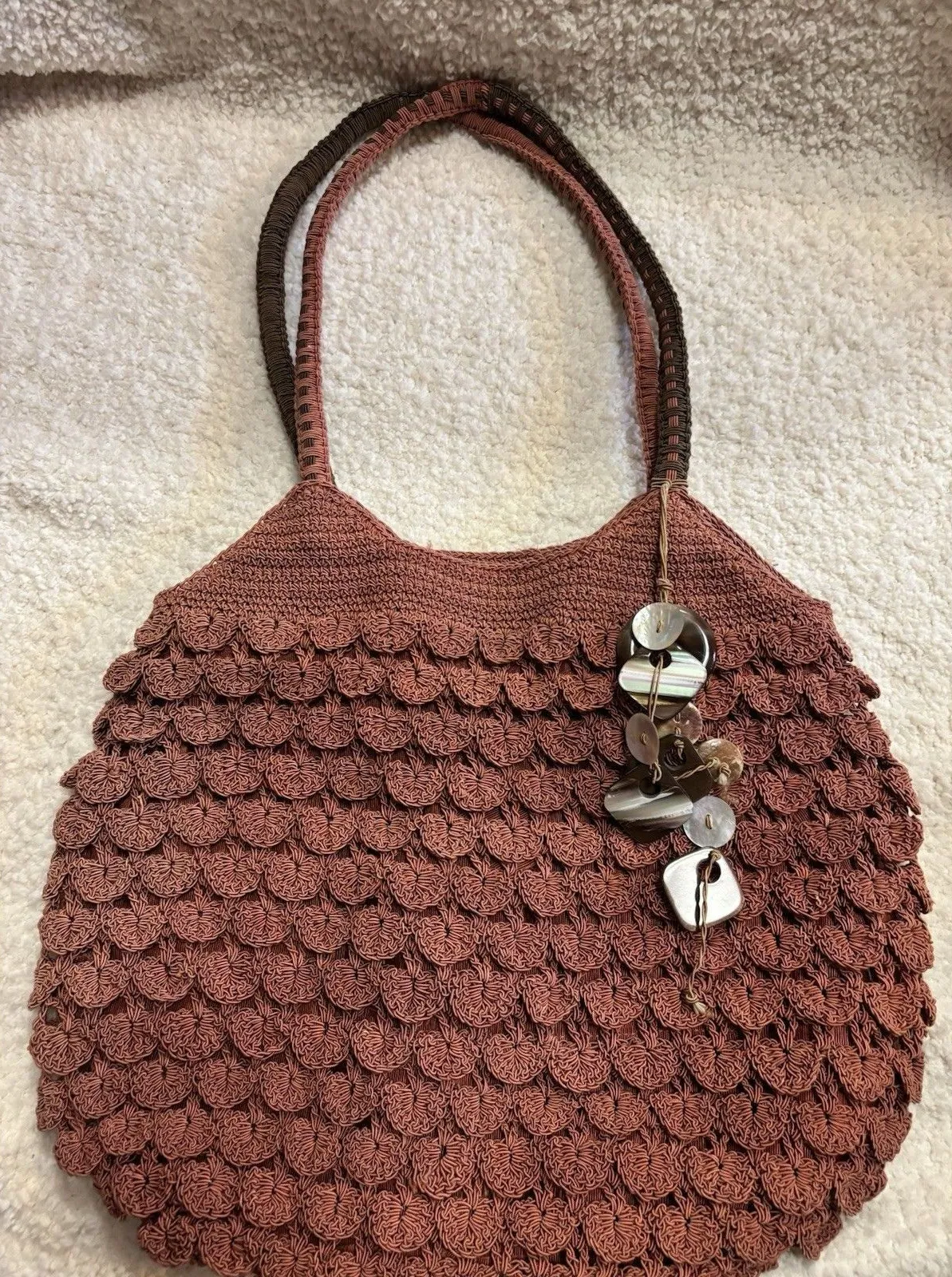 Stone Mountain Women Handbag Brown Rust Knit Crocheted Boho Purse Ornate Dangles - Image 1